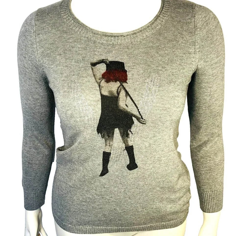 Veeko Sweater Womens S/M Graphic Print Gray Crew Neck Long Sleeve